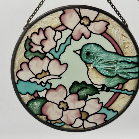 The Unbranded Brand Other - Vintage Round Stained Glass Bird Dogwood Flower Suncatcher Leaded Window Panel